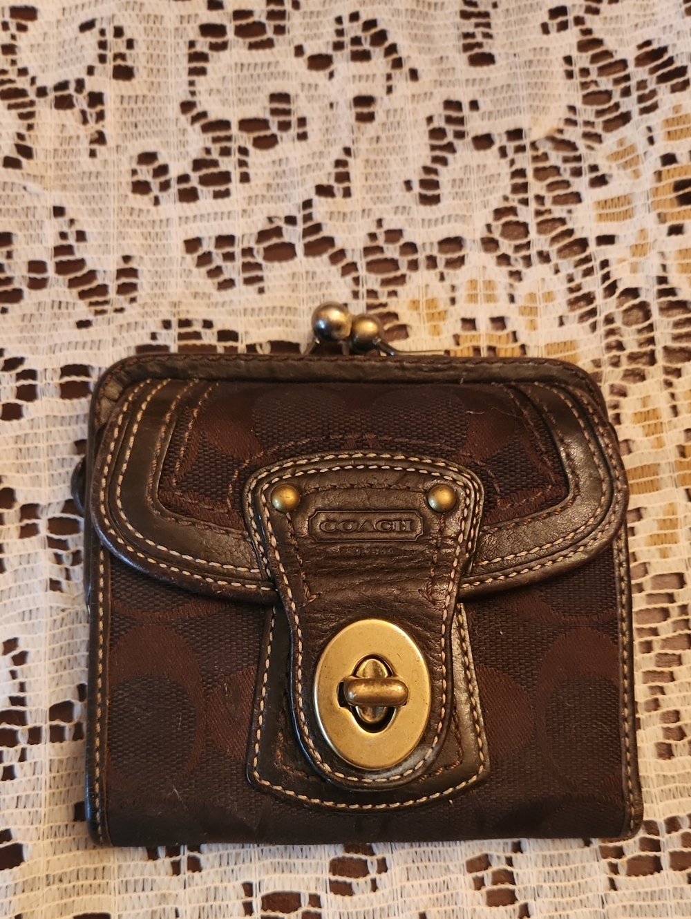 COACH Brown Signature Canvas & Leather Small Wallet with Brass Turnlock